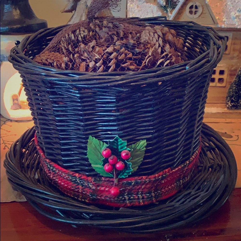 Snowman hat basket with pine cones